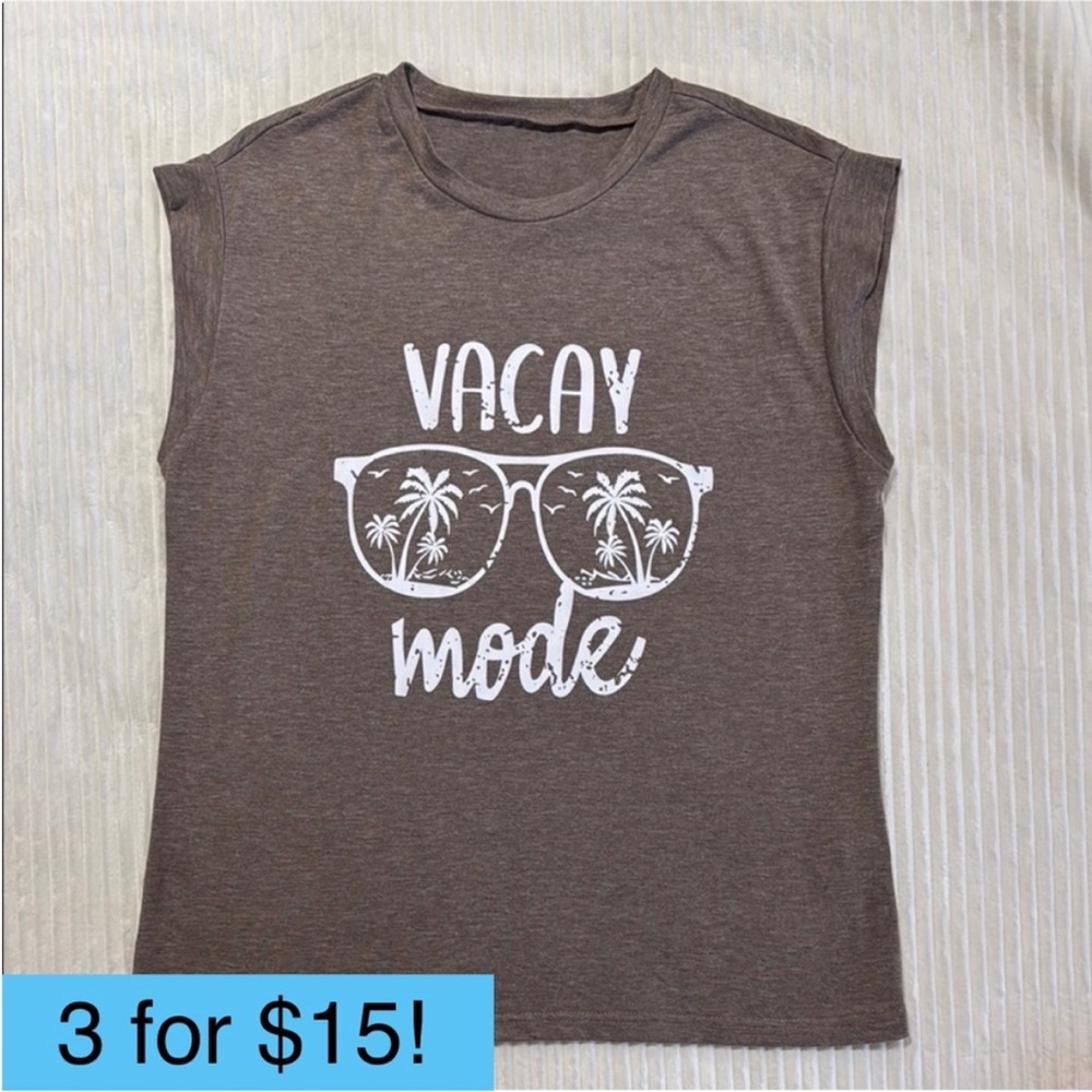 Shein Tan Brown 'Vacay Mode' Sleeveless Tank Top Sunglasses Palm Trees Size M
